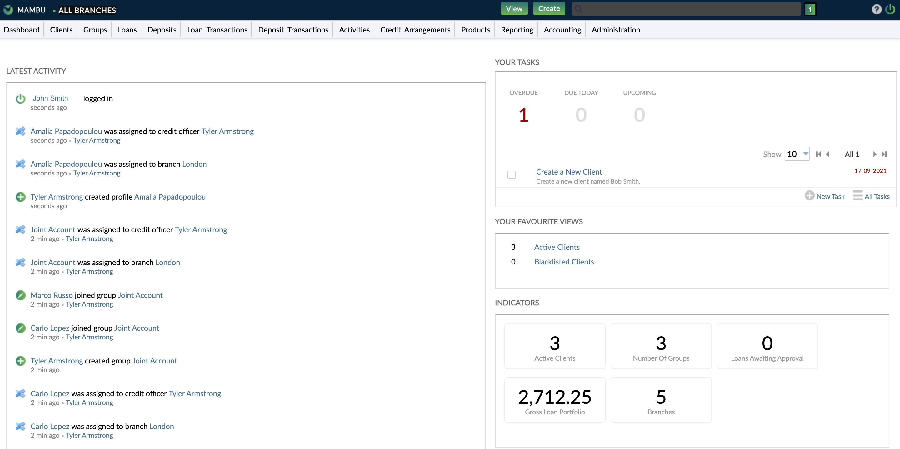 An example of a dashboard with the latest activity, indicators, and your tasks widgets